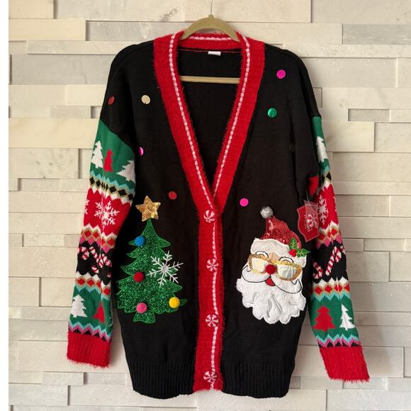 UGLY CHRISTMAS SWEATER NWT Applique Santa Tree CandyCanes Sequin Poms Cardigan S - Picture 1 of 3